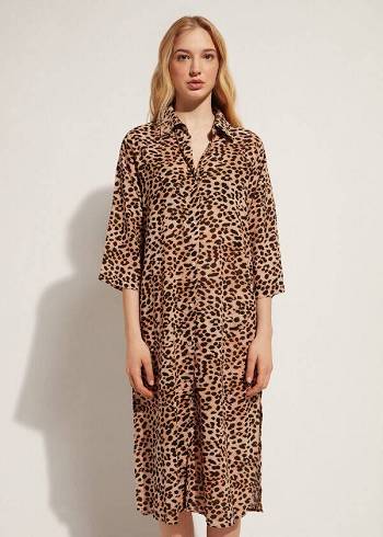 Calzedonia Animal Patterned Midi Shirt Cover-ups Dames Bruin | NL2124XF
