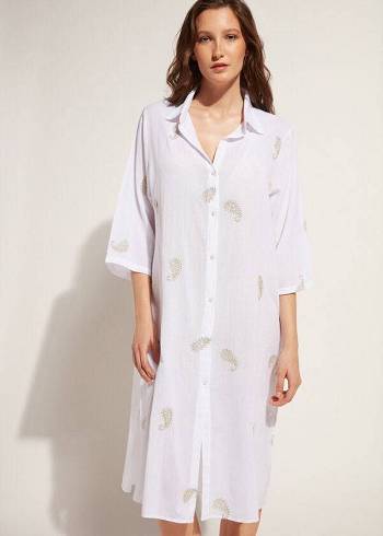 Calzedonia Embroidered Paisley Lamé Midi Shirt Cover-ups Dames Wit | NL2112OR