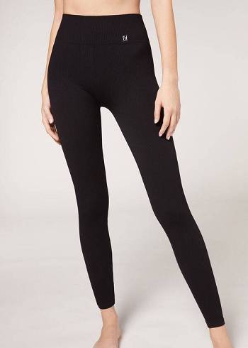 Calzedonia Fine Geribbeld Seamless Sport Leggings Dames Zwart | NL1546GL