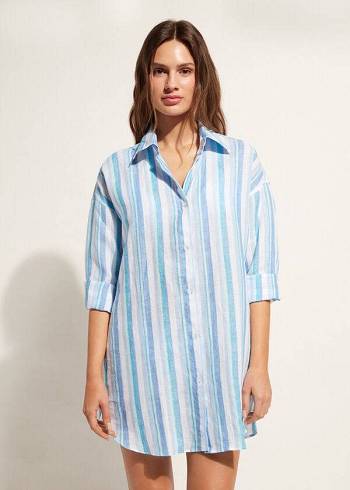Calzedonia Linen Shirt Cover-ups Dames Blauw Wit | NL2101BC
